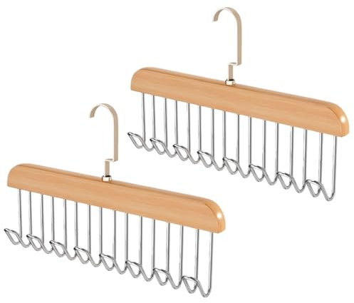 Alfven Cintres Bois Porte Ceinture, 2 PCS Crochet de Cravate en Bois avec 8 Crochets,360° Pivotant pour écharpes, Cravates, Ceintures, Bretelles, Organiseur d'armoire (Couleur Bois)