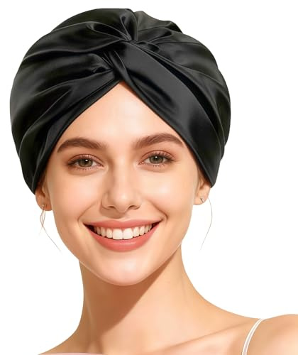 Bodiiwuliu Bonnet De Sommeil en 100% Soie de Mûrier, 22 Momme – Double Couche Bonnet de Nuit en Soie pour Femme Cheveux Longs ou bouclés, Confortable et Doux, pour Tous Types de Cheveux(Noir)