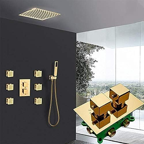 XCHSXYL 3-vägs termostat duschkranar, termostatblandare i guld, infälld med 6 massagestrålar, 20 cm komplett set, duschkran