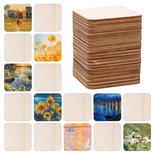 Rebanky 100 Piezas Cuadrados Madera Manualidades Discos de Madera Cuadrados 8x8 cm con Esquinas Redondeadas Adecuado para Grabado, Pintura y Decoración