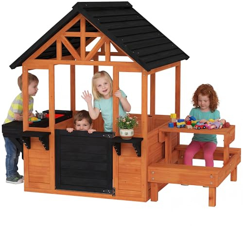 AIYAPLAY Casetta da Giardino per Bambini in Legno Abete, Casetta per Bambini Esterno con Tavolo, Panche, Lavandino, Mezza Porta, Portavasi, Finestra Snack Bar, 3-8Anni, 166x113x140 cm, Marrone Chiaro