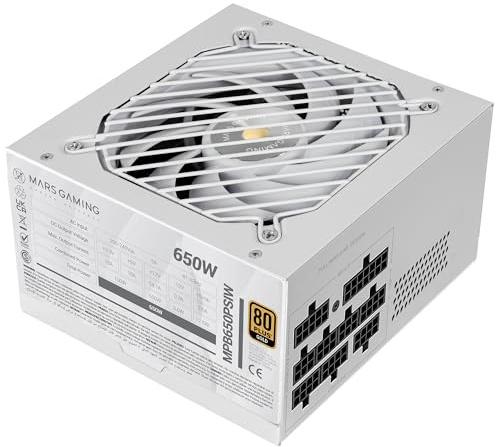 Mars Gaming MPB650PSI, Fuente de Alimentación PC Full Modular 650W, 10 Años de Garantía, 80Plus Gold 90%, Ventilador SI Extreme Silence, Tecnologías AI2-RPM, DC-DC y SMD, ATX 3.1 y PCIe 5.1, Blanco