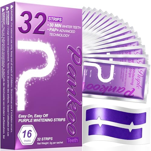 Purple Teeth Whitening Strips 32 Counts, Teeth Whitening Gel for Surface Stains - Coffee & Wine Stains, Supports Enamel Care, No Sensitivity, No Slip, Easy to Apply, Noticeable Whitening in 7 Days