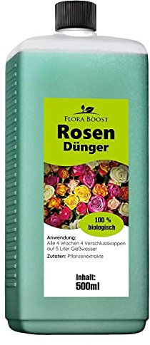 Konfitee Rosen Dünger Flora Boost 500ml I Für bis zu 100L Gießwasser I Langzeitdünger für alle Arten von Rosen geeignet I Flüssiger Blatt- & Wurzeldünger I 100% natürlicher Pflanzendünger