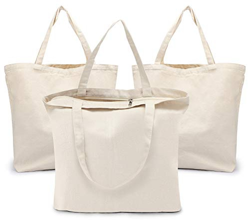 Segarty Blank Tote Canvas Bag with Zipper, 3pcs 19.7x15.7 inch Bags with Handles, 12oz Heavy Duty Reusable Washable Grocery Shopping Bags Plain Bags for Teacher DIY Art Craft Paint Embroidery