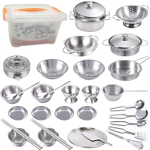GOLCUGYJH Kitchen Pretend Play Accessories - Mini Stainless Steel Cookware Set with Portable Storage Box, Cooking Utensils, Pots and Pans, Role Play Educational Toys for Kids Toddlers Boys Girls