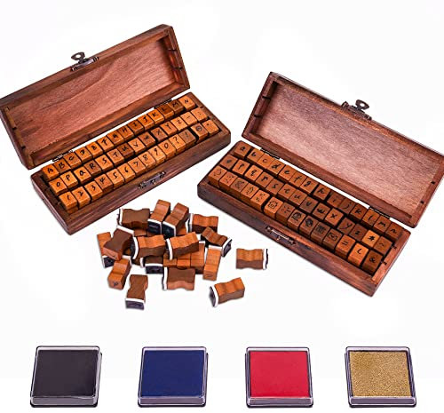 Larcenciel Buchstaben Stempel, 2er-Set Alphabet Stempel 84 Stück Groß- und Kleinbuchstaben, Zahlen und Symbolen, Stamp Personalisiert mit Buntem Stempelkissen, Holzstempel für Handwerk, Scrapbooking