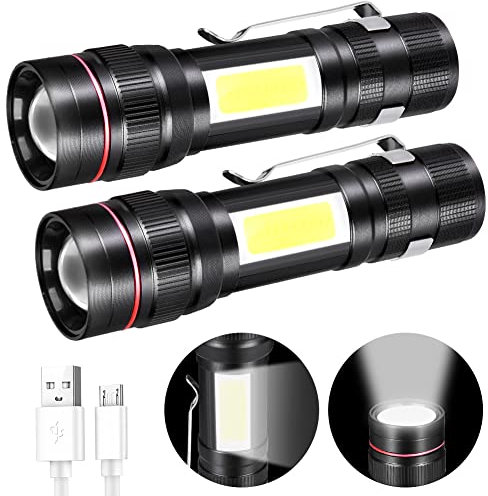 flintronic 2PCS Linterna LED Recargable, 1500LM Enfoque Ajustable Linterna Impermeable con Luz Lateral, Mini Linternas COB Luz 3 Modos para Camping, Caminar, Regalos [Batería Recargable Incorporada]