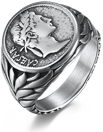 ANIEJUFI Stainless Steel Vintage Signet Rings for Men Women Roman Empire Caesar The Great Coin Statement Ring Band Silver Size 11