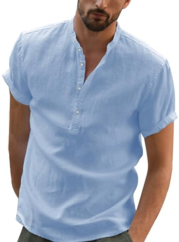YAOBAOLE Chemise Lin Homme Manches Court Chemises Bleu Ciel pour Hommes Chemisette Col Mao Homme Casual T Shirt Vetement Été pour Hommes Bleu Ciel XL