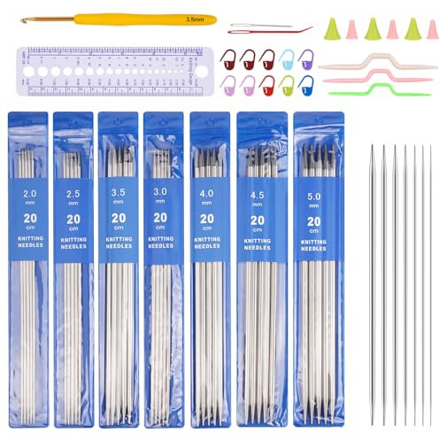 Katech Stricknadeln Edelstahl Set, 35 Stück Stricknadeln für Socken Schals Mützen, Doppelspitzen Nadelspiel mit Strickzubehör für Anfänger Oder Profis