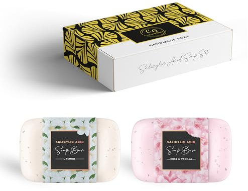CalmGenix Salicylic Acid Soap Bar - Pack of 2 - Jasmine and Rose & Vanilla | Pore Exfoliating and Softening Body & Face Soap | 2% Salicylic Acid Scrub for Acne Prone Skin | 180g