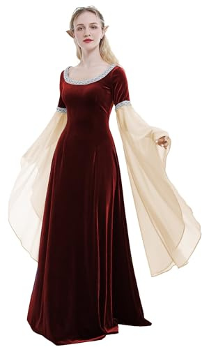 daizbella Renaissance Dress Medieval Costume Historical Rretro Dress Velvet Gown with Chiffon Sleeves Claret