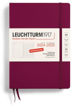 LEUCHTTURM1917 370615 - Agenda settimanale e taccuino 2025, formato A5, copertina rigida, 18 mesi, 80 g, a righe - Port Red