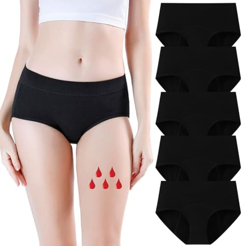 Yintry Bragas para el período de Mujer con 4 Capas de protección a Prueba de Fugas - Ropa Interior Menstrual de Cintura Media de Flujo Pesado Paquete de 5 Calzoncillos de algodón