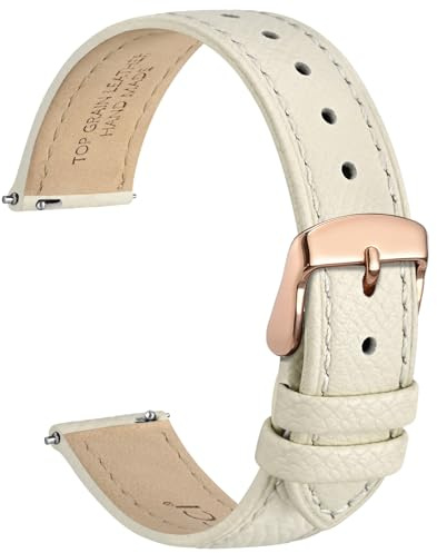 WOCCI 18mm Grace Leather Watch Strap for Ladies, Top Grain Leather, Quick Release Replacement Band with Rose Gold Buckle (Beige)