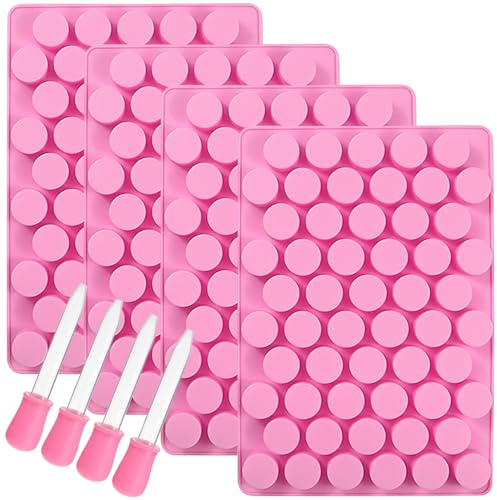 4PCS Cylinder Silicone Mold, 55-Cavity Candy Chocolate Molds with 4 Droppers, Non-Stick Silicone Gummy Cylinder Moulds, Mini Round Mould for Sweets Fondant Cake Decor