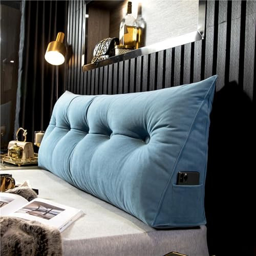 EXZFW RüCkenkissen, RüCkenlehne Kissen, GroßEn Dreieckigen Kissen, Keilkissen FüR Bett Und Sofa Geeignet, Kissen Mit Abnehmbarem Und Waschbarem Bezug,Mit Seitenfach,Blau,60x50x20cm