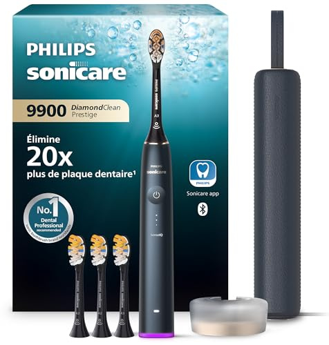 Philips Sonicare DiamondClean 9900 Prestige cepillo dental eléctrico, con tecnología SenseIQ y aplicación, 5 modos de cepillado, estuche de viaje con carga, azul medianoche, modelo HX9992/45