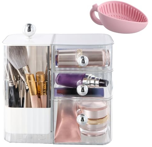 Joyan Organizador de Maquillaje, Almacenamiento de Cosméticos con 3 cajones, Organizador Porta Brochas de Maquillaje con Elevación, Almacenaje Maquillaje de Gran Capacidad, Impermeable y Antipolvo