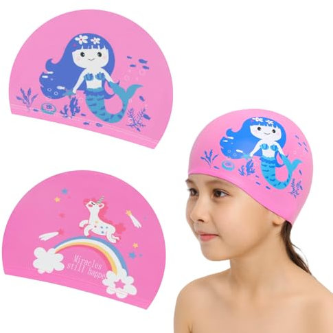 MUNSKT 2 Paar rosafarbene Badekappen für Mädchen, Meerjungfrau- und Einhorn-Motiv, wasserdichte Schwimmkappe aus Stoff, für 2-8 Jahre, weich, elastisch und stylisch für Schwimmbad, Strand