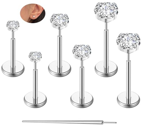 ZS 16G 18G 20G trådlös labret knopp, 6 st rostfritt stål platt baksida knoppörhängen brosk tragus örhänge för kvinnor allergivänliga Monroe Medusa piercing smycken