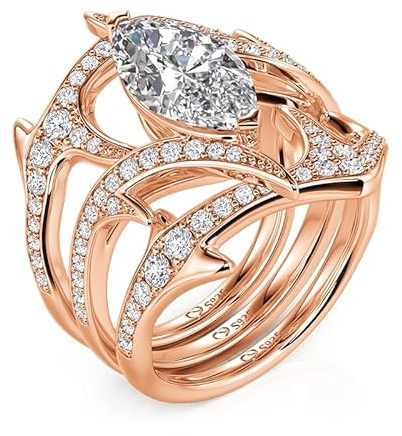 Jeulia x Leyla Damen Ringe Set Roségold Damenring Dornenbusch Blumenring mit Marquise Stein Stapelring Wasserfest Vergoldet Vorsteckring Austauschbar Silberring Schmuckset für Frauen (54(17.3))