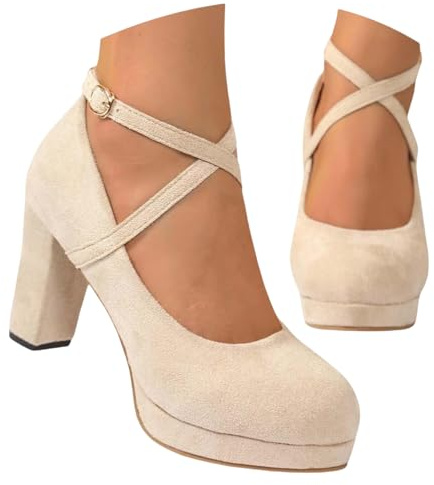 Bombas Para Mujeres, Zapatos De Tacón De Correa De Tobillo Cruzado Con Correas Elegantes Zapatos Baile Zapatos Bajos Del Dedo Del Pie Cerrado Bailarina De Tacones Altos Para Bodas,Beige,37 EU