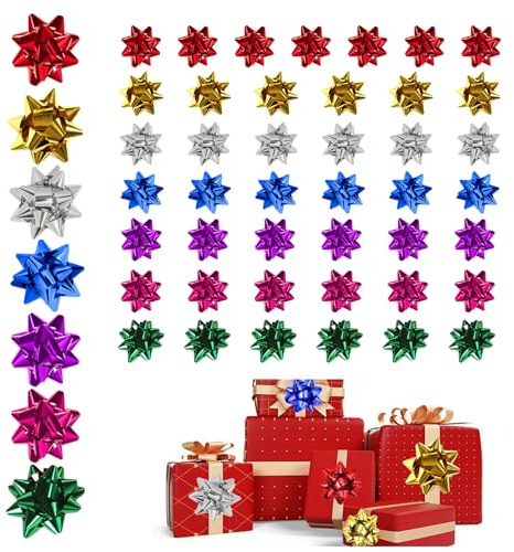 QEEROYO 50 Fiocchi per Pacchi Regalo, Pacchi Regalo Autoadesivi, 5cm Colorate Adesive per Pacchi Regalo, Combinazione di Colori Vivaci, per Decorative di Regalo, Natale, Festa, attività, 7 Colore