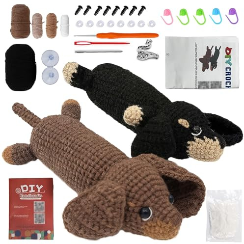 Animales Agujas Crochet Kit Bricolaje, DIY Perro Salchicha Crochet Kit Principiantes, Kit de Animales de Ganchillo, con Video Tutorial e Instrucciones Paso a Paso, para Tejido a Mano(Perro Salchicha)