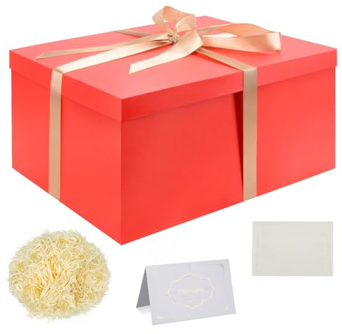 Set Scatola Regalo, Scatole Regalo Rosso con Coperchi 38 x 28 x 19 cm Scatola Regalo Grande con Nastro Biglietti Auguri Carta Velina Tagliuzzata per Natale Compleanno Matrimonio