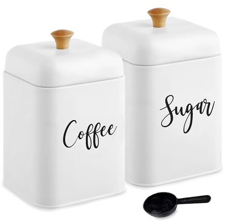 viering Set de 2 Botes de Cocina para Café y Azúcar con Tapas Herméticas – Incluye Cuchara Medidora – Recipientes Metálicos Vintage Blancos para Almacenamiento de Alimentos y Decoración de Cocina