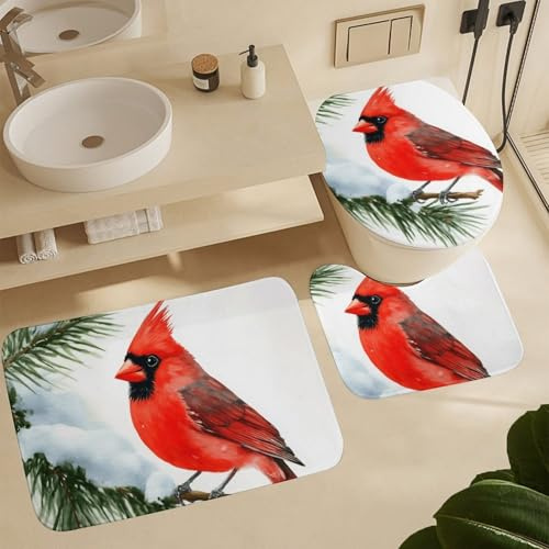 3 Piezas Juego De Alfombra De Baño Pájaros Cardenales De Nieve Juego De Alfombrillas De Baño Absorbentes Antideslizantes Alfombras De Cama, para Dormitorio, Cocina, Bathroom