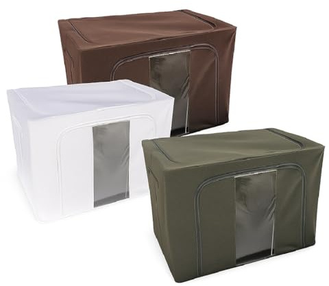 DANYX Kit 3 Scatole Pieghevoli per Armadio con Struttura in Metallo – Contenitori TNT Impermeabili, Sovrapponibili, con Finestra Trasparente e Maniglie – Porta Coperte e Biancheria (3, 40x30x20cm)