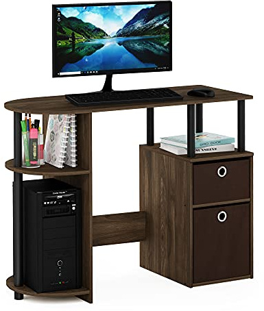 Furinno JAYA Scrivania da studio per computer semplicistica con cassetti per contenitori, Noce Columbia/Nero/marrone scuro