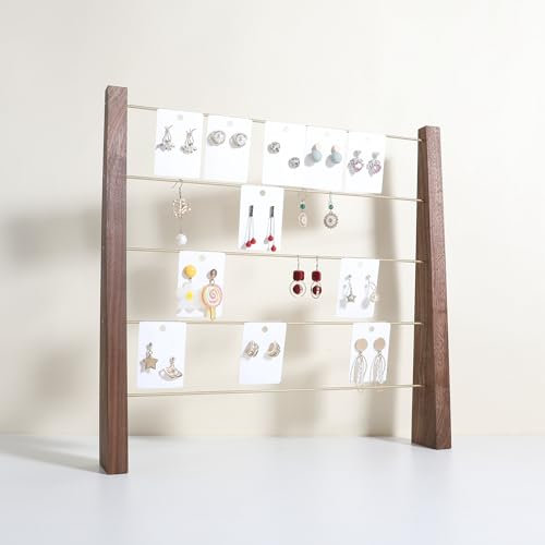 GemeShou Walnuss 5-Tier Ohrring Karton Aufhänger mit 30pcs PVC-Karten, Messing Ohrring Display Ständer für Stud Dangle Hoop, hölzerner Ohrring Storage Organizer【Walnuss-Messing 5-Tier】