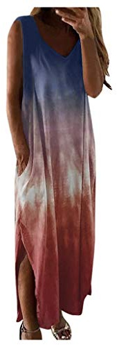 Batik sommarklänning dam, V-ringad maxiklänningar hippie skjortklänningar lång cool färgglad tanktop strandklänning ärmlös fritid klänningar lös avslappnad klänning med fickor för kvinnor, S – 3XL