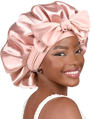 YANIBEST Adjustable Satin Bonnet for Sleeping Women Double Layer Hair Wrap Reduce Friction Prevent Frizz Natural Curly Hair, Blush Pink