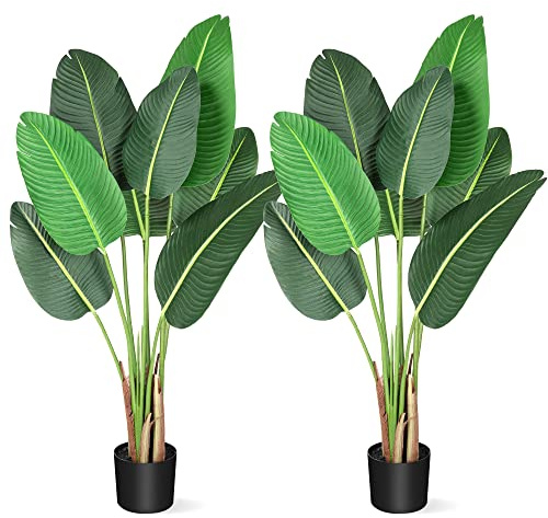 Amyove [ 2Pack ] 48 inchs Artificial Tree Bird of Paradise with 8 Trunks, 4 Feet Faux Plant Fake Banana Tree Plant with Pot for Home, Decor, Indoor, Outdoor, Living Room, Office