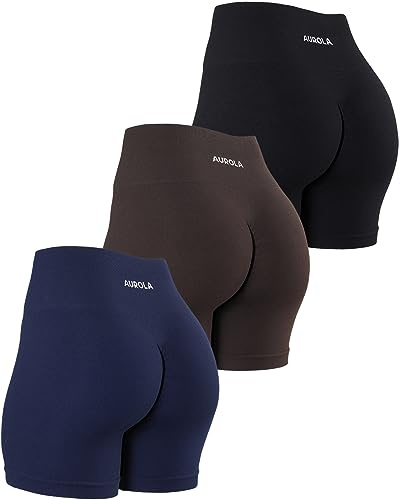AUROLA Pantalones Cortos de Entrenamiento para Mujer, Control de Abdomen, a Prueba de Sentadillas, Acanalados, Gruesos, sin Costuras, Pantalones Cortos Activos, Paquete (Negro/Academia Naval/Torta de
