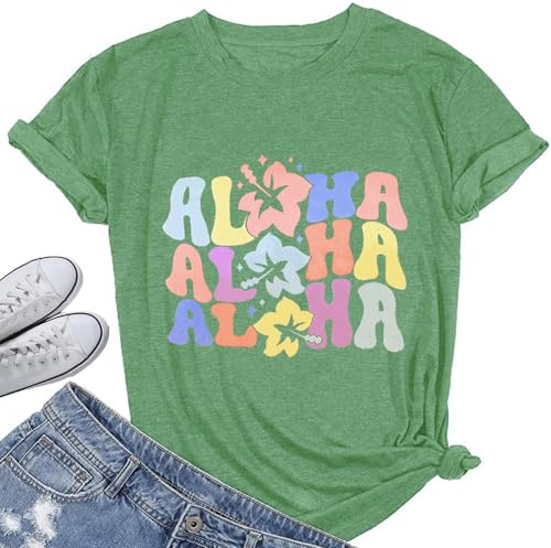 Women Hawaiian Shirt Summer Vacation Tee Floral Tropic Graphic Top Beach Cruise Party Tshirt Athletic Outfit, Light Green XXL