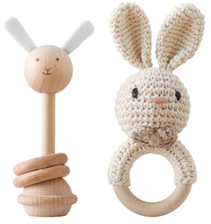 2 st Greifringe Baby Baby Gehäkelt, Baby Holz gehäkelte Handmade Rassel Greifling Baby Rassel Beißring Holz Babyrassel Greifling Spielzeug Häkel Rassel med Holz Ring
