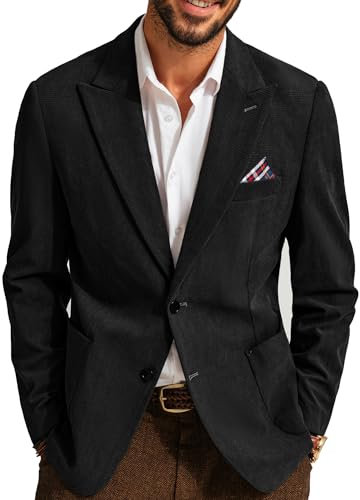 PJ PAUL JONES Men's Jackets Corduroy Suits & Blazers Peak Lapel Two Buttons for Wedding Black M