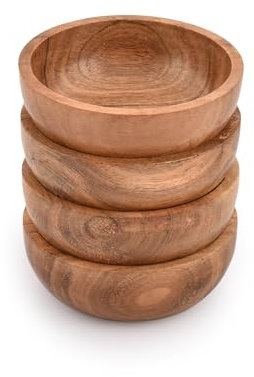 Mahasu Juego de 4 cuencos de madera de acacia para sopas y pastas, horno, cuenco de madera tallado a mano (10,16 cm x 10,16 cm x 3,81 cm)