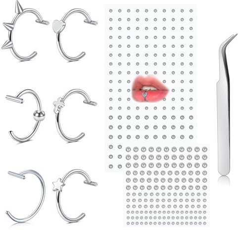 AVYRING 8PCS Fake Lip Piercings, Stainless Steel Clip on Spike Lip Rings, Non Piercing Ball Shaped Lip Stud Sticker, T-Shaped Medusa Faux Piercing Jewelry for Men Women, Silver
