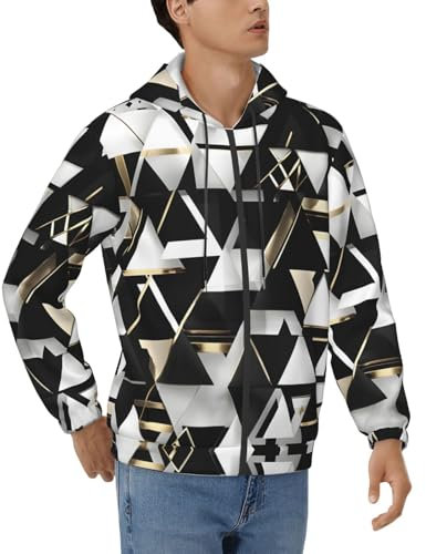 EdWal Modischer, moderner schwarz-weiß-goldener Triangel-Druck, lässiger Kapuzenpullover für Herren, durchgehender Reißverschluss, Sweatshirt mit Taschen, langärmeliger Kapuzenpullover mit Kordelzug,
