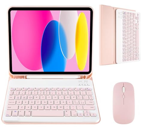 Nsyee Custodia con Tastiera e Mouse per iPad 11a Generazione (A16) 11 Pollici 2025, 10a Gene 10,9 Pollici 2022, Tastiera Wireless Bluetooth Rimovibile per IPad 11th 10th Gen， Italiano QWERTY-Rosa