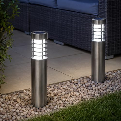 Marco Paul Set of 2 Orion Solar Lights Outdoor Garden Stainless Steel Bollard Garden Lights Solar Powered Waterproof 65cm Tall Driveway Pathway Lighting Ideal for Flowerbeds Borders