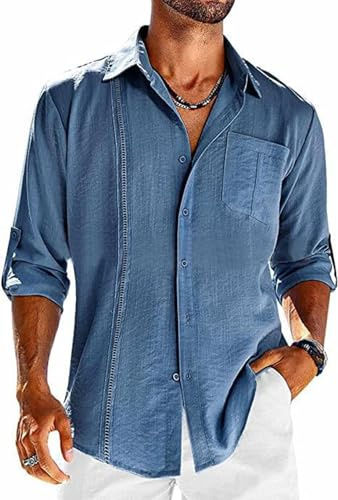 PADOLA Chemise Lin Homme Manches Longues Boutonnée Chemises avec Poche Poitrine Coton Chemisette Homme avec Dentelle Couleur Uni Chemiser Coupe Régulière Shirts (2 Bleu Marine, 3XL)