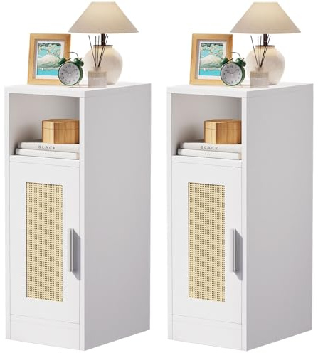 IBUYKE Set med 2 smala nattduksbord, nattduksbord i rattan med öppna fack och garderob för små utrymmen, litet och smalt sidobord för sovrum och vardagsrum, vitt WNS012W-2